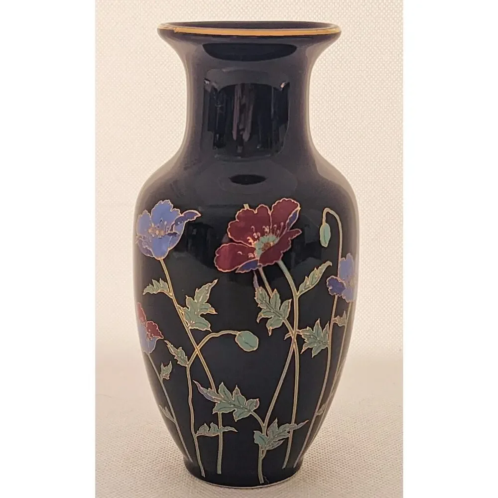 Japanese Black Floral Vase Gold Trim Poppy Design 6